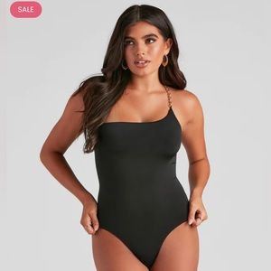 Windsor Major Chain Strap Open Back Black Bodysuit